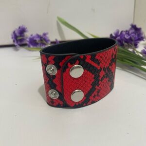 Red and Black Snake-Print Adjustable Bracelet (10″ x 2″) NEW